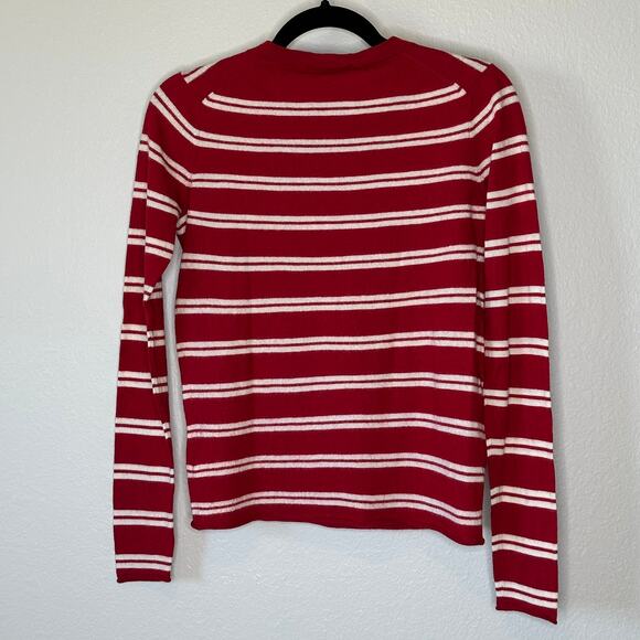 Lacoste Women's Long Sleeve V-neck Striped Sweater Merino Wool Red Cream Size M - Picture 7 of 12